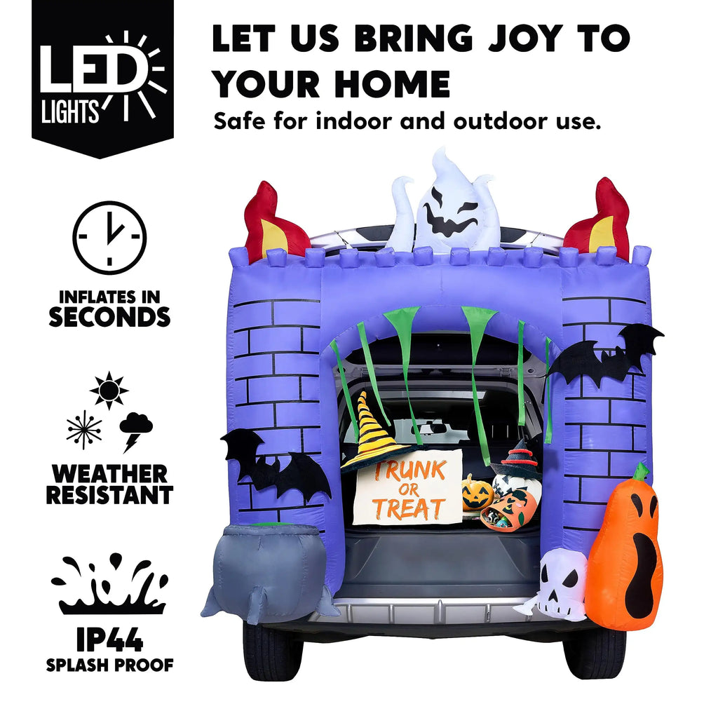 Halloween haunted castle trunk-or-treat inflatable features summary with icons for LED lights and weather resistance