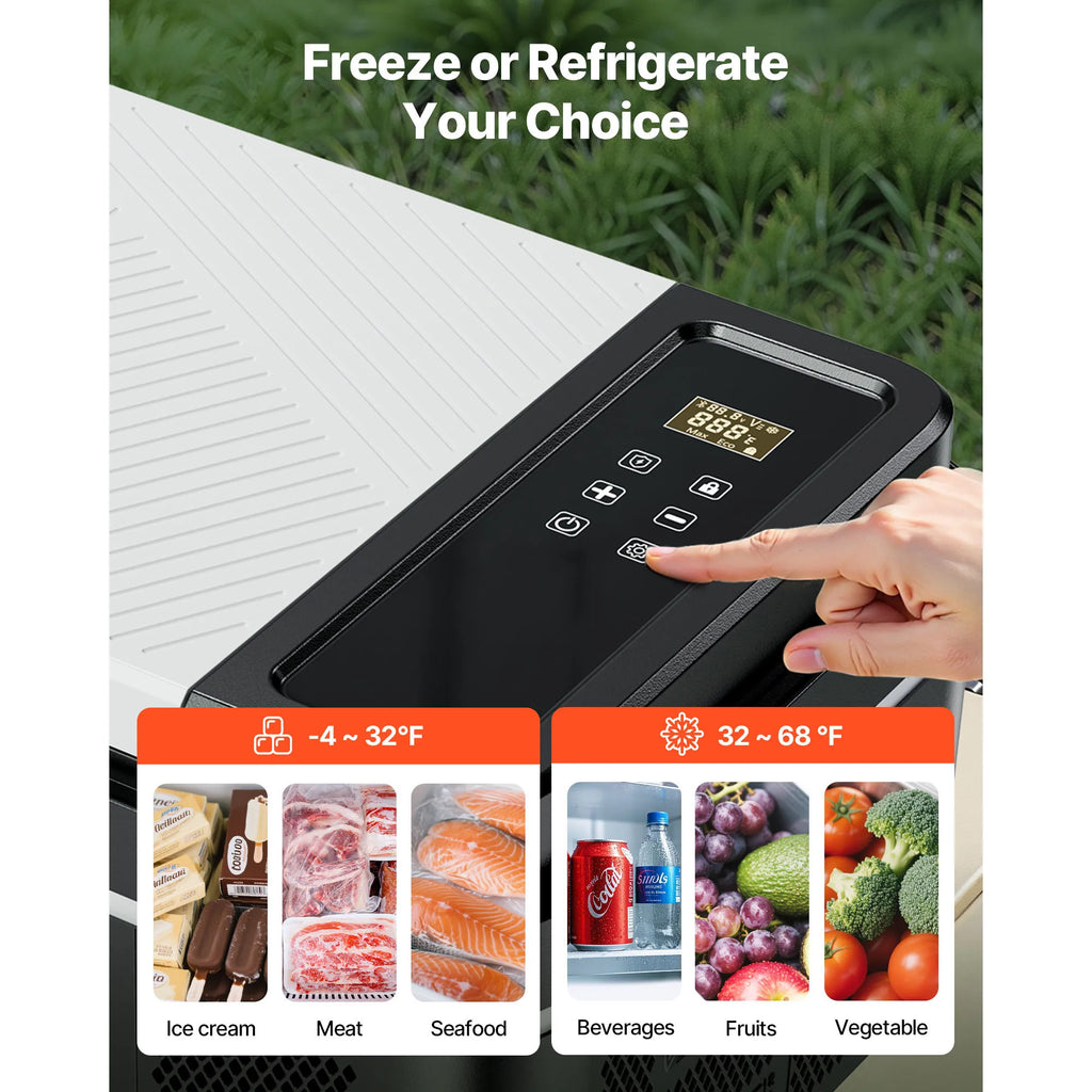 Portable car refrigerator control panel showing temperature range for food and drinks