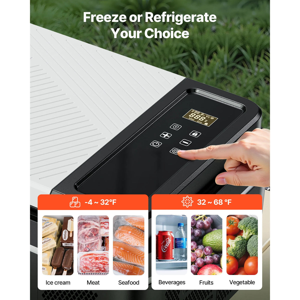 Portable car refrigerator control panel showing temperature range for food and drinks
