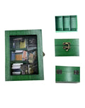 A collage of a green wooden miniature bookshelf, its inner structure, the door latch, and the back hinges.