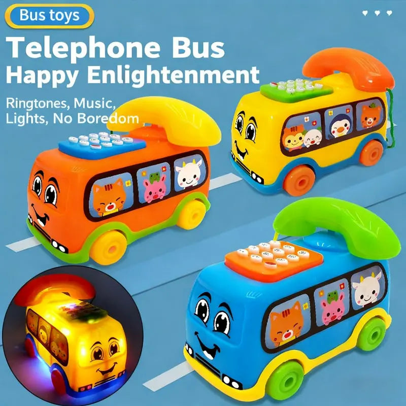 Colorful toy telephone bus cars with various animal illustrations and buttons for kids