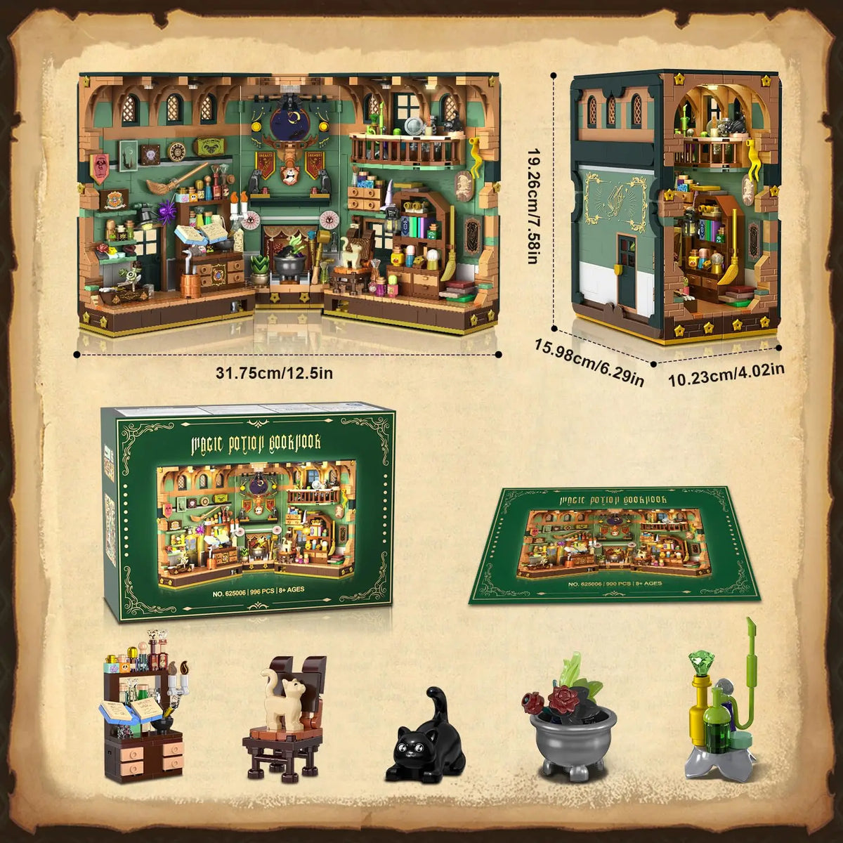 A diagram showing the dimensions, packaging, and included accessories of a wizard-themed miniature booknook.