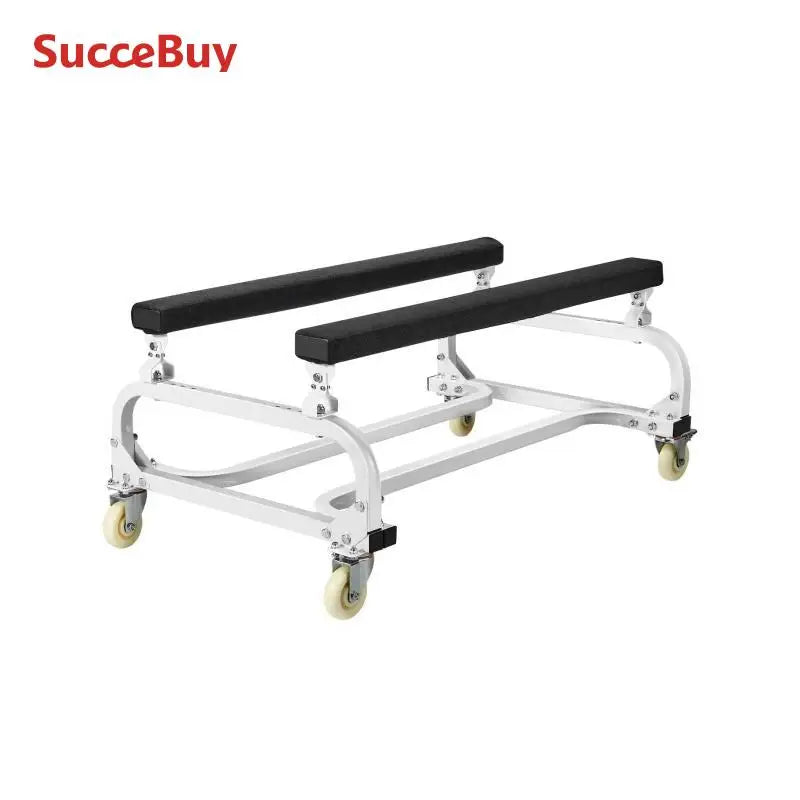 White steel jet ski dolly with black padded bunks and four caster wheels