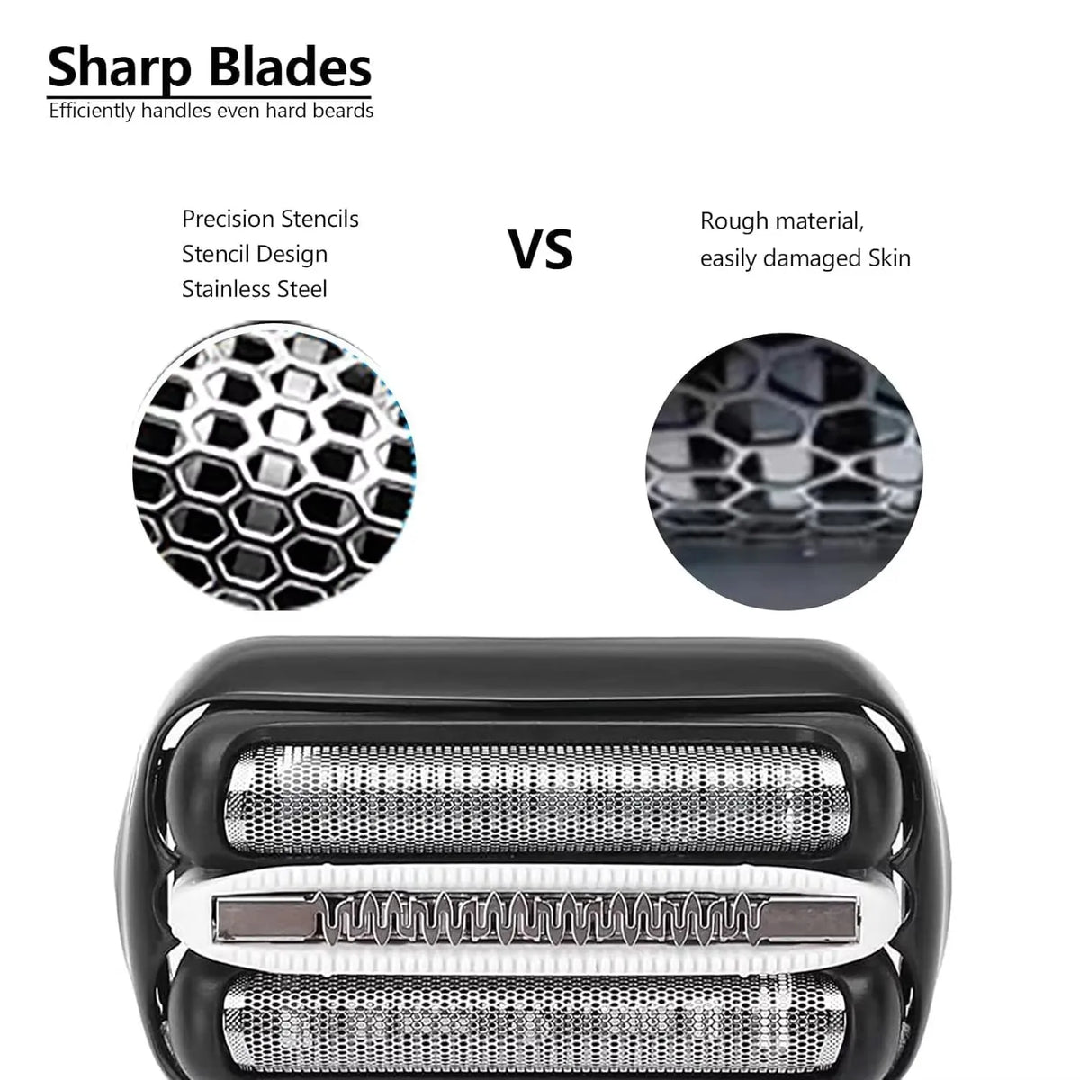 Comparison infographic showing high-quality stainless steel shaver head blades versus rough material.