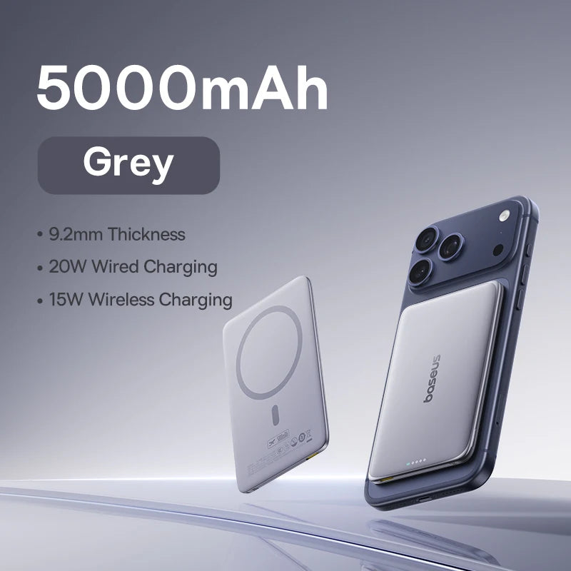 Baseus 5000mAh Magnetic Power Bank, 15W Wireless and 20W Wired Charging – Grey