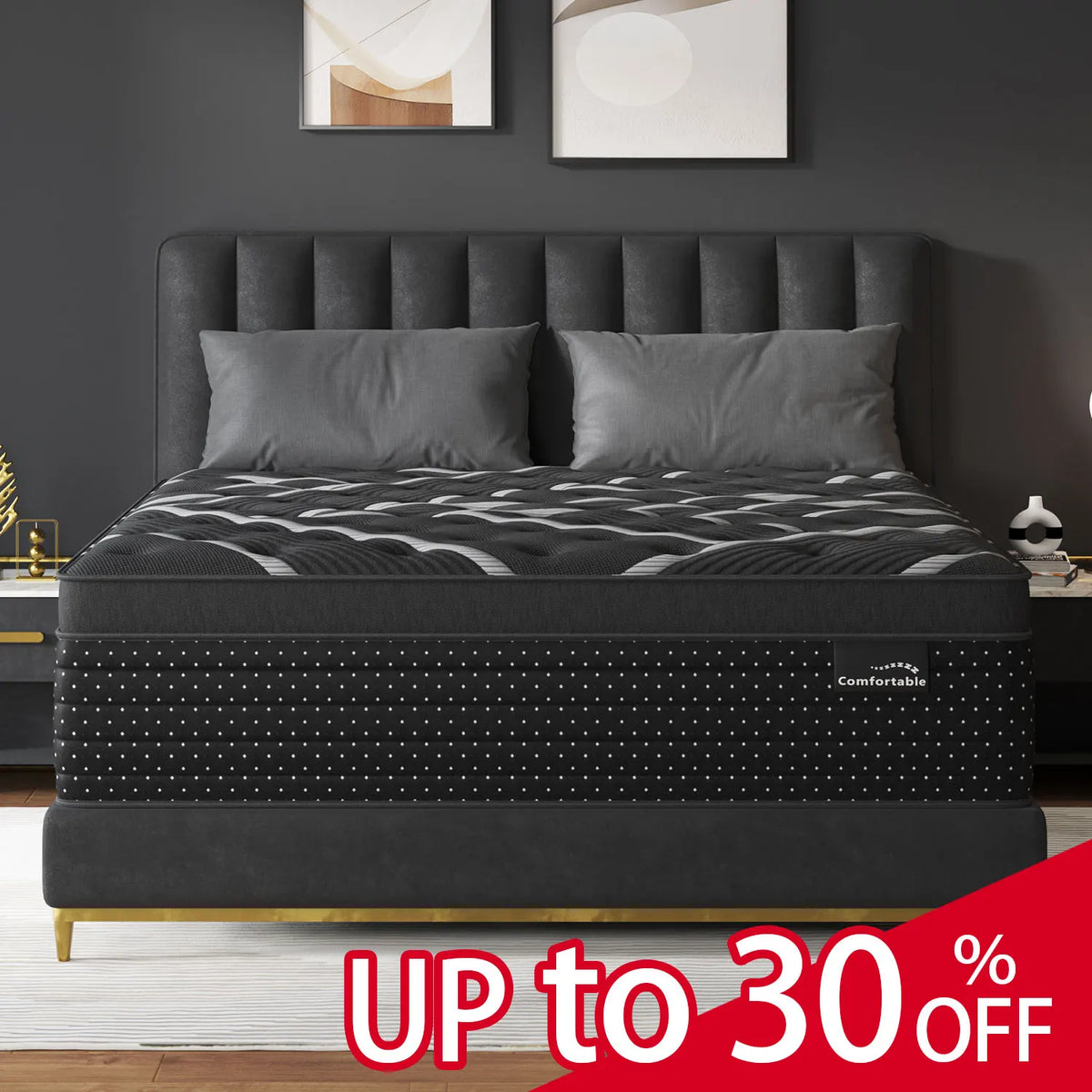 Sweetlove hybrid mattress with memory foam and pocket springs shown in a bedroom setting.