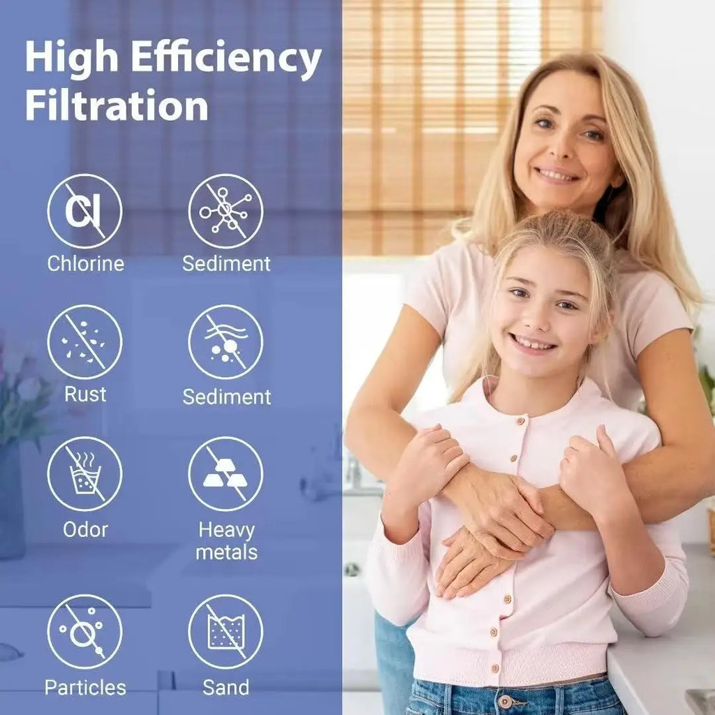 Graphic demonstrating high-efficiency filtration of contaminants like chlorine, rust, and heavy metals.