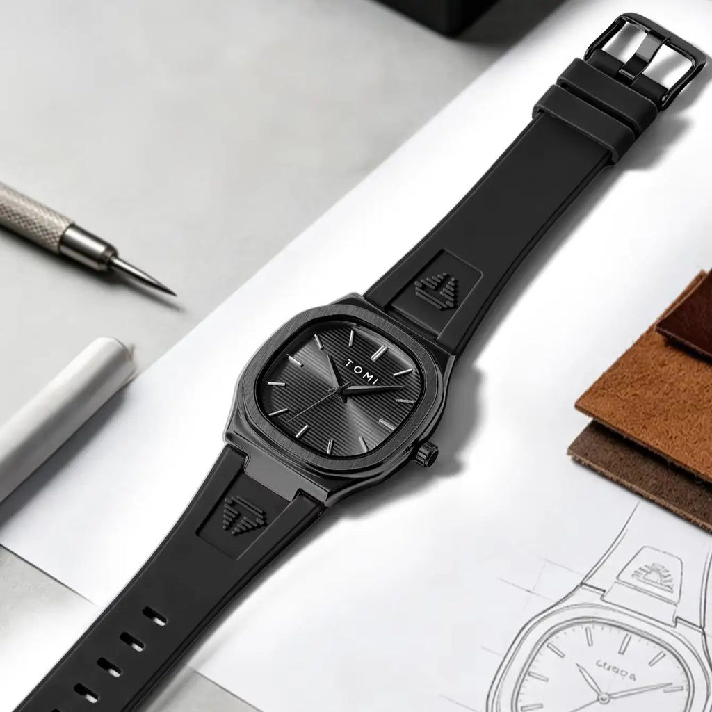All-black square dial quartz watch with black rubber strap on white surface