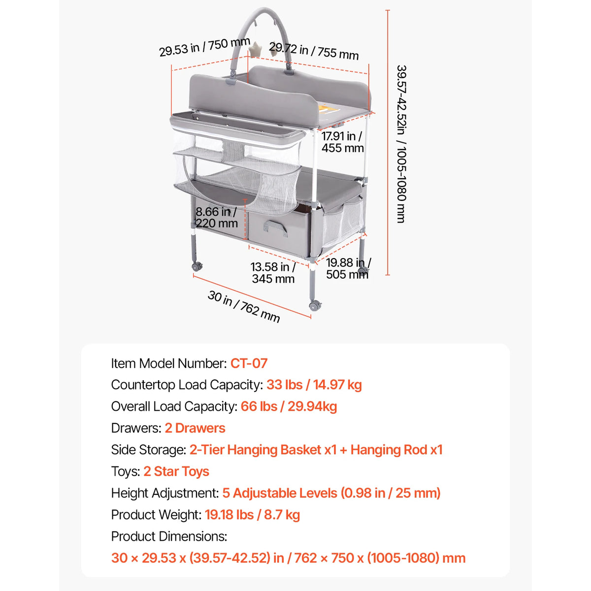 SucceBuy Foldable Baby Changing Table with Storage and Adjustable Height – Light grey H shape