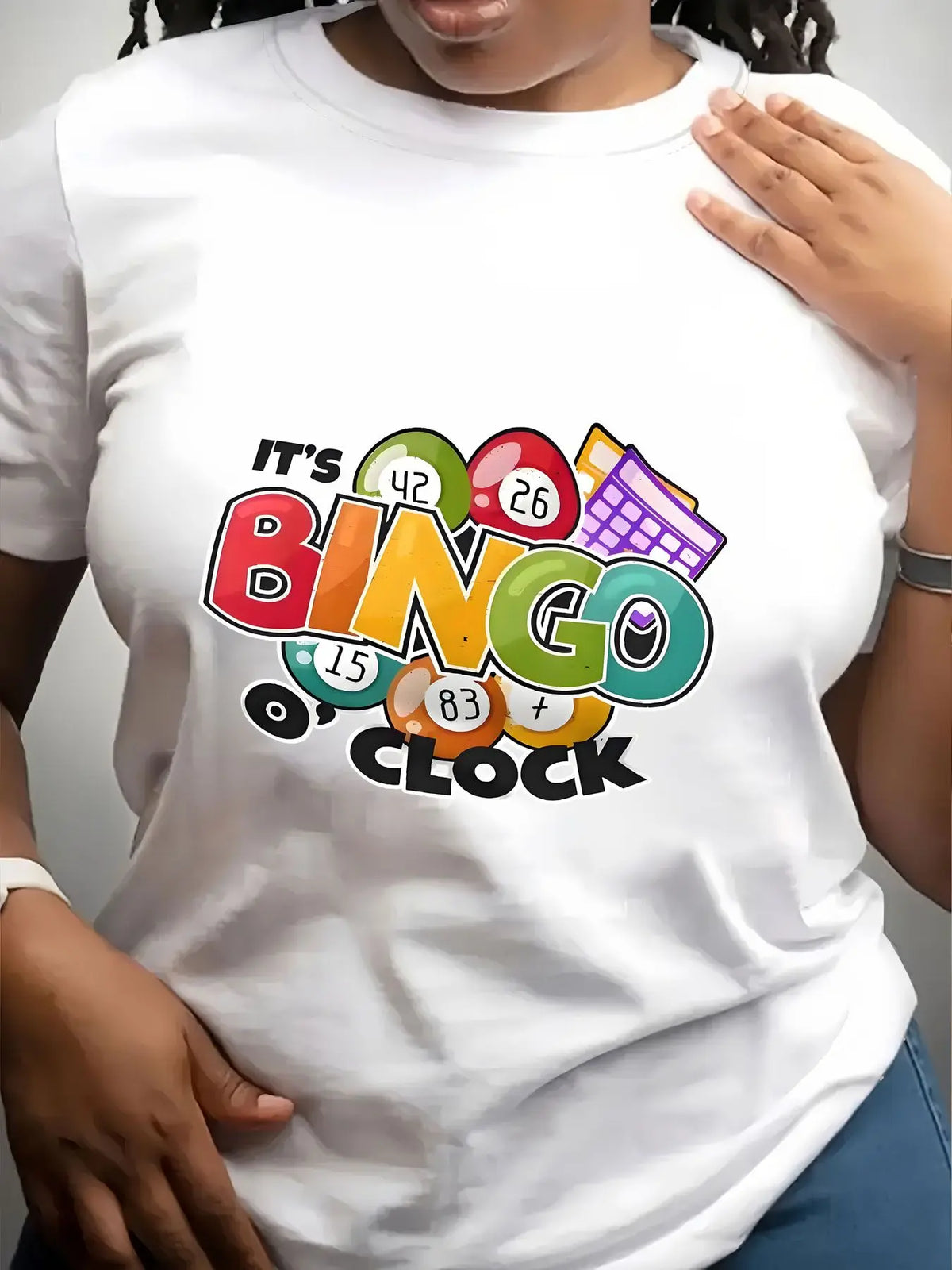 Women's 100% Cotton Crew Neck T-Shirt with Its Bingo O Clock Print – White