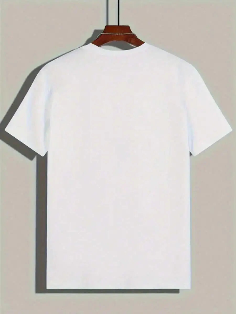 Back view of a plain white short sleeve t-shirt on a hanger