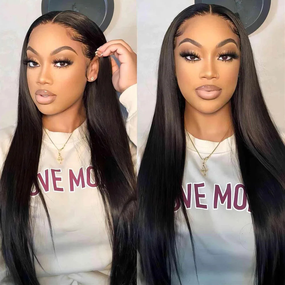 A woman wearing a straight black lace front wig with styled baby hairs.