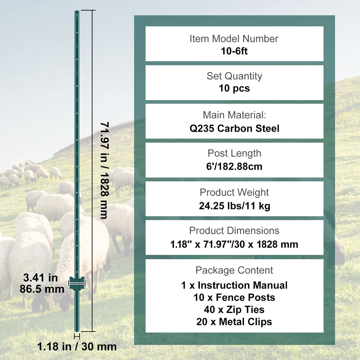 SucceBuy 6' Q235 Carbon Steel T-Post Fence Stakes, 6-Pack – 10c 6inch
