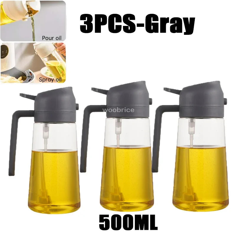 2-in-1 Kitchen Oil Spray Dispenser, 500ml Refillable Spray and Pour Bottle – 3PCS-grey