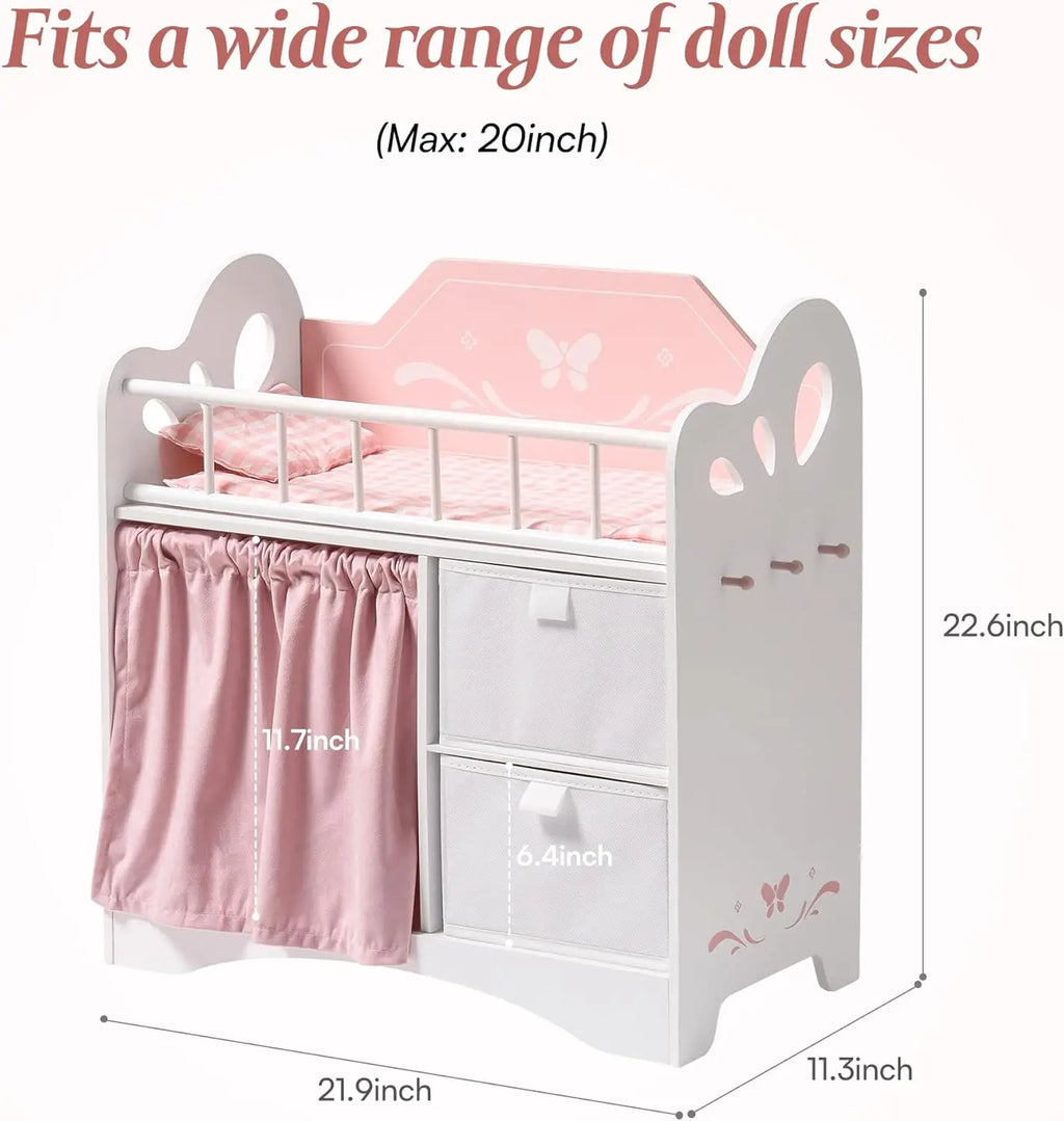 Pink and white wooden baby doll crib with storage baskets and bedding. – Baby Doll Crib