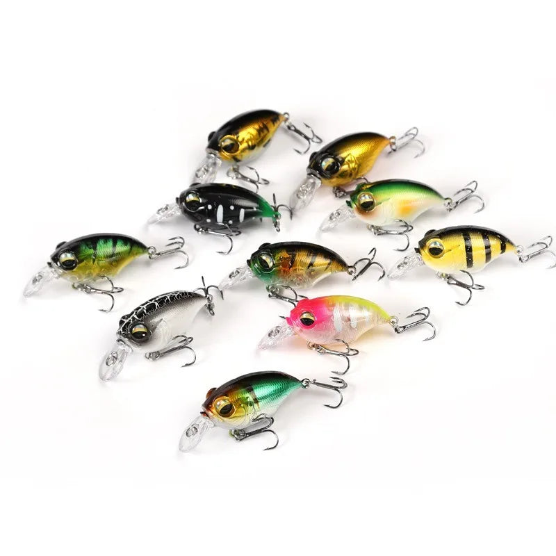 A collection of ten different colored fishing crankbait lures with treble hooks