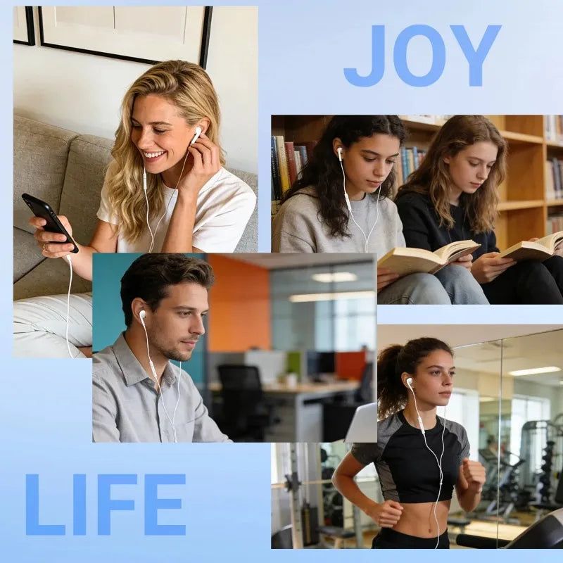 Collage of different people using wired earphones in daily life