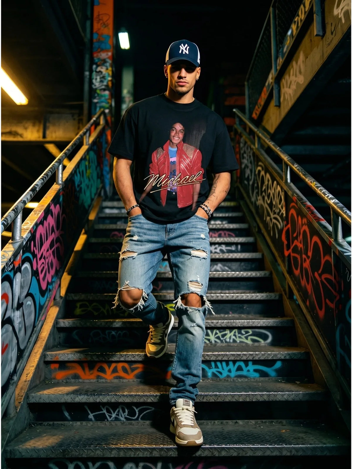 Man standing on graffiti-covered stairs wearing a black graphic t-shirt, ripped jeans, sneakers, and a baseball cap