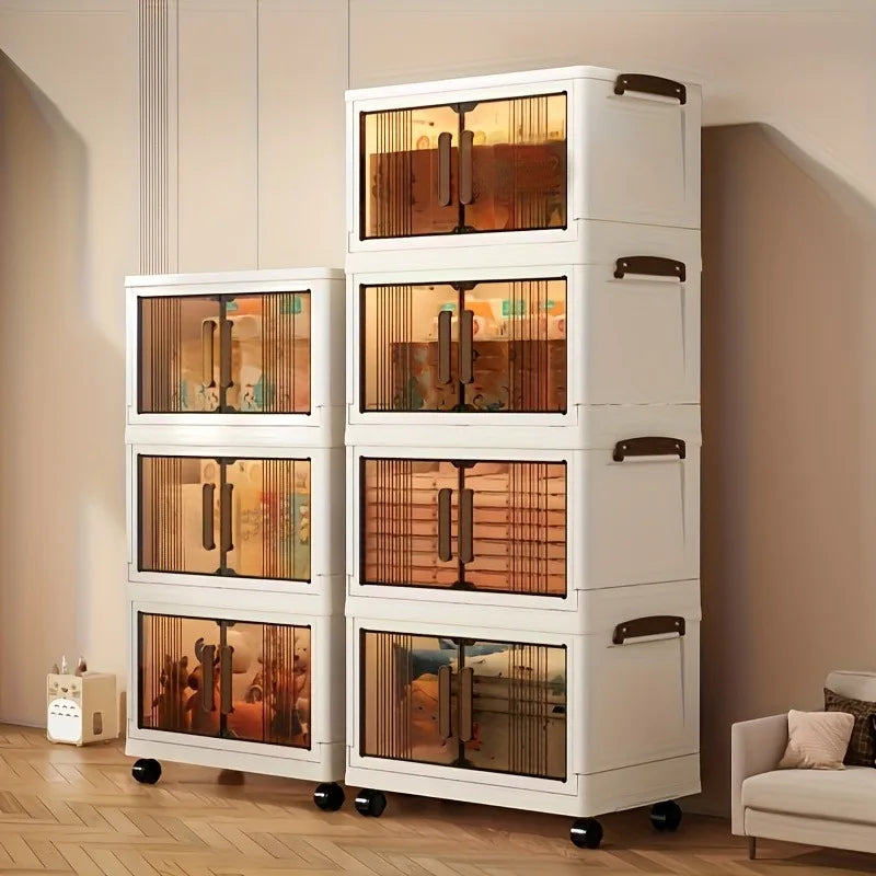 Four-tier and three-tier stackable plastic storage cabinets with brown magnetic doors and wheels