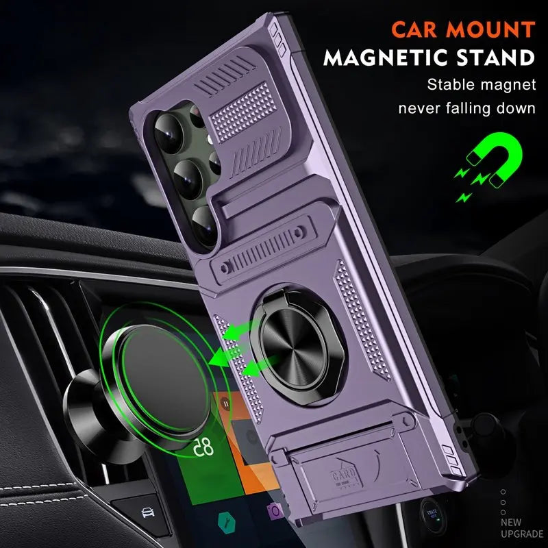 Purple magnetic phone case with rotating ring stand attached to a car vent mount.