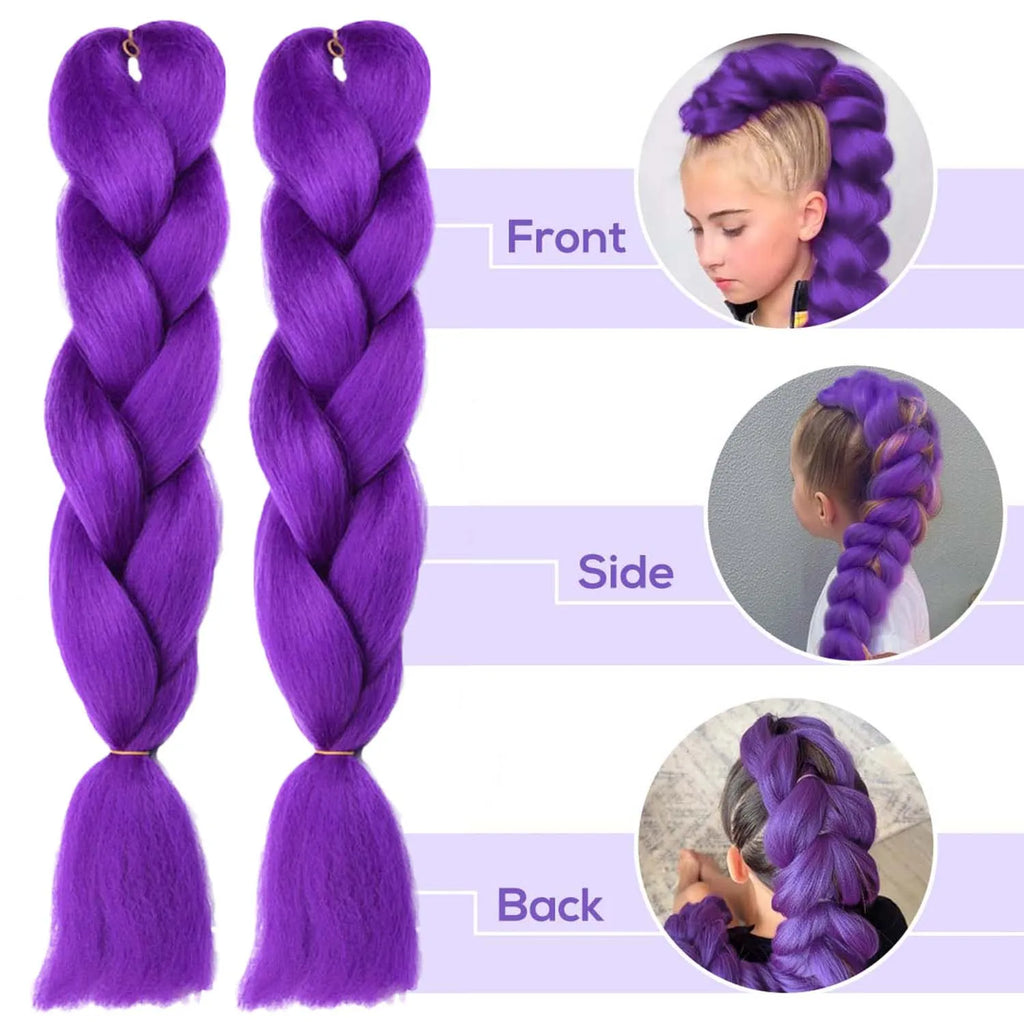 Two thick purple braiding hair extensions with front side and back view labels