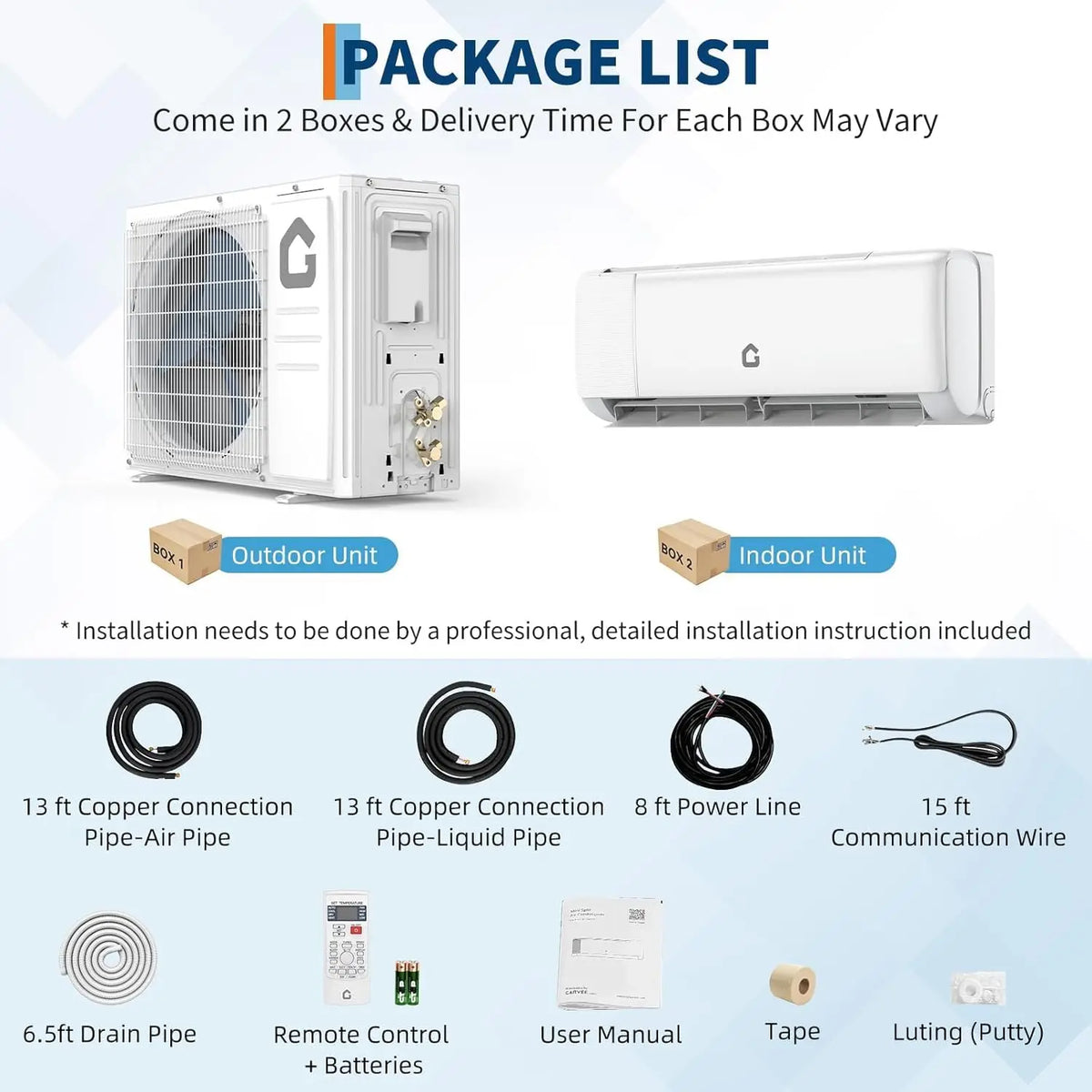 Package contents list for mini split air conditioner including indoor unit, outdoor unit, pipes, and accessories