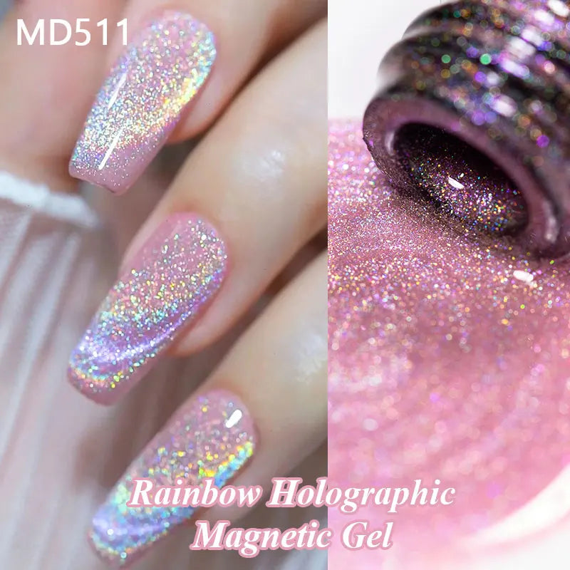 Pink holographic magnetic cat eye gel nail polish swatches on fingernails and close up of gel texture