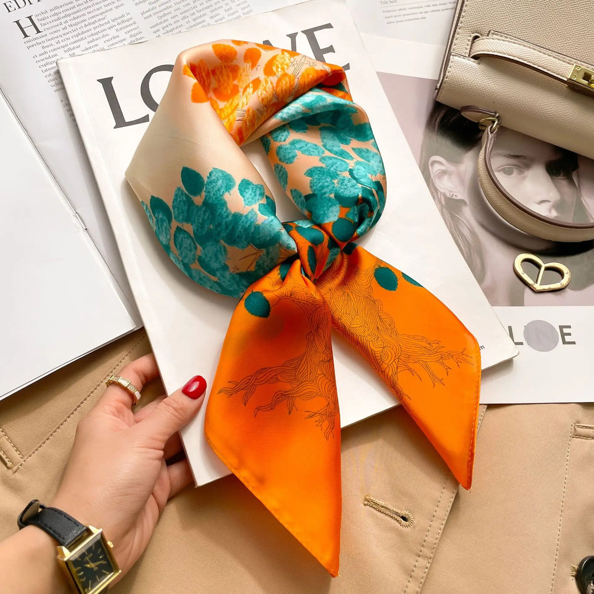 Floral Print Square Satin Scarf, 70x70cm Polyester Headband – 5