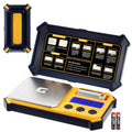 Digital pocket gram scale with yellow and black protective case and instructions printed on the inside lid