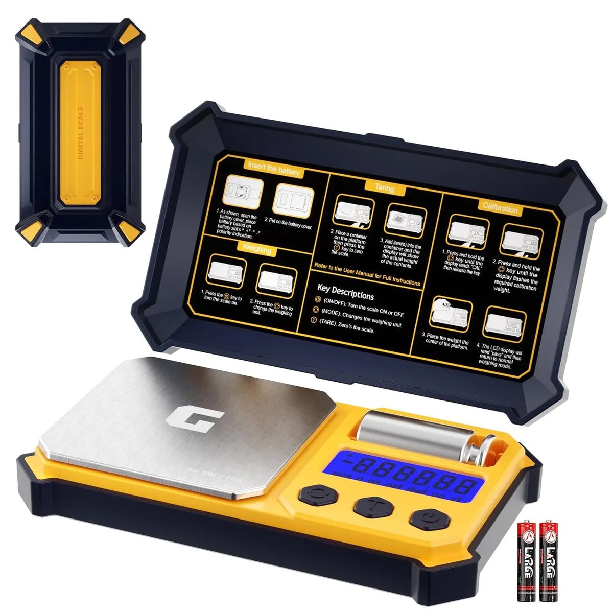 Digital pocket gram scale with yellow and black protective case and instructions printed on the inside lid