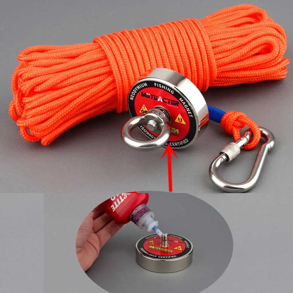 Assembly demonstration of a neodymium fishing magnet and rope.