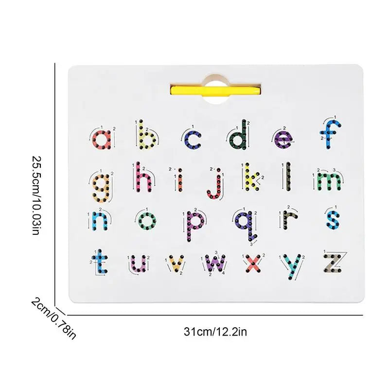 Magnetic letter tracing board with dimensions shown in centimeters and inches.