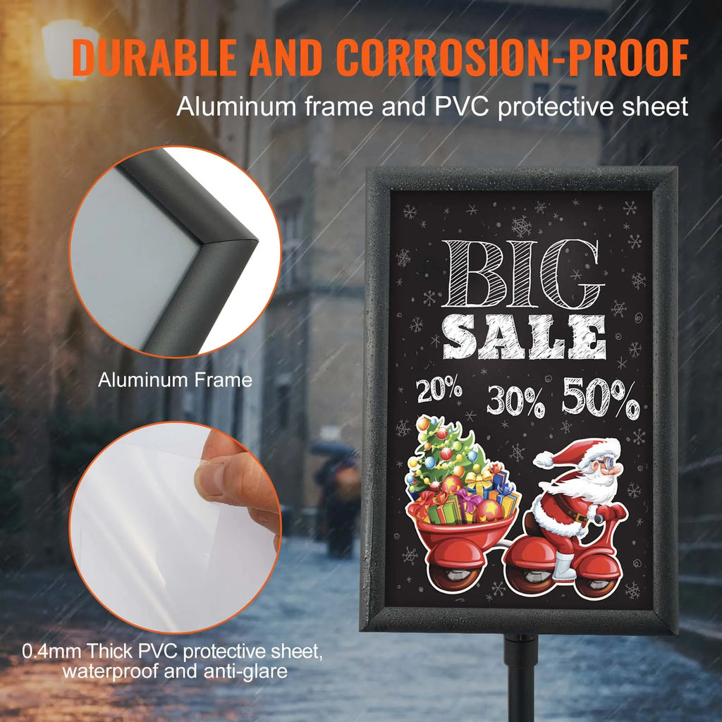 Durable aluminum pedestal sign holder frame with a protective PVC sheet for outdoor signage.