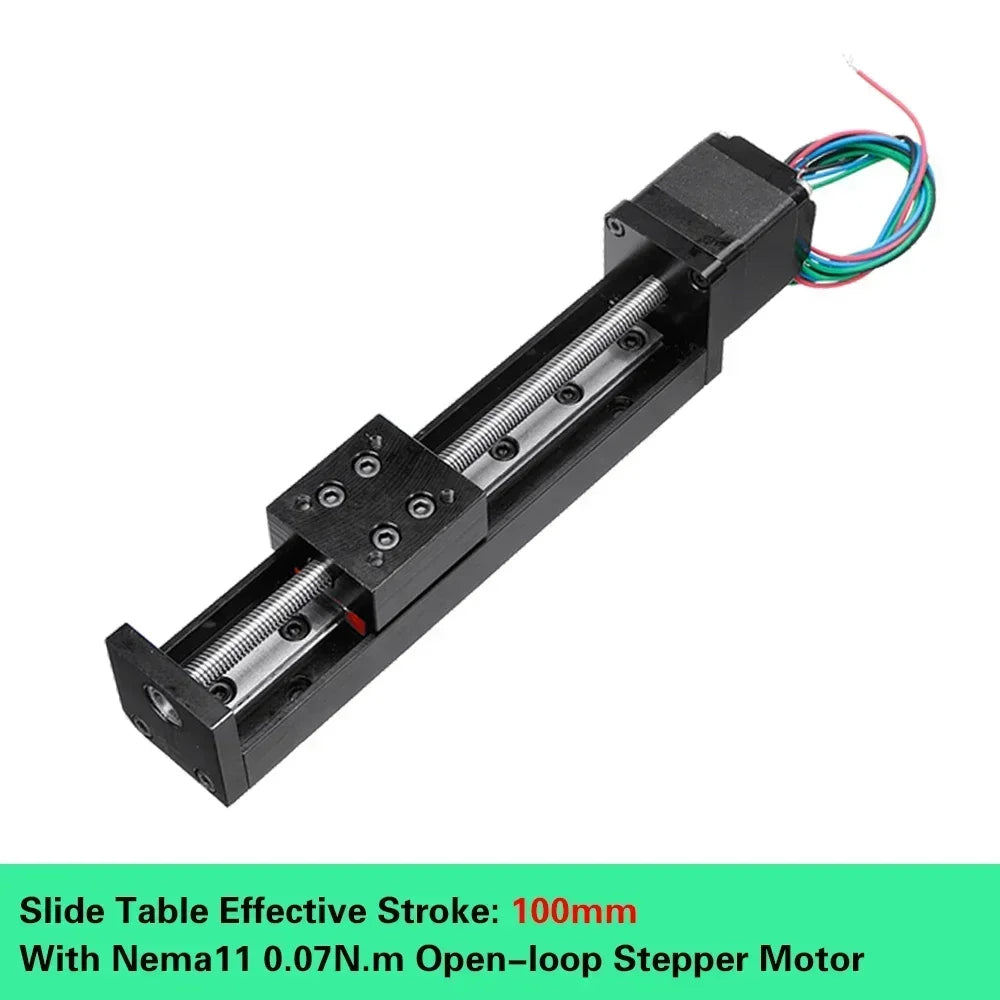 T06 Electric Linear Sliding Table with Nema 11 Stepper Motor, 50-300mm Stroke – 100mm Stroke