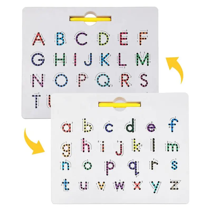 Magnetic letter tracing board shown with uppercase and lowercase sides.