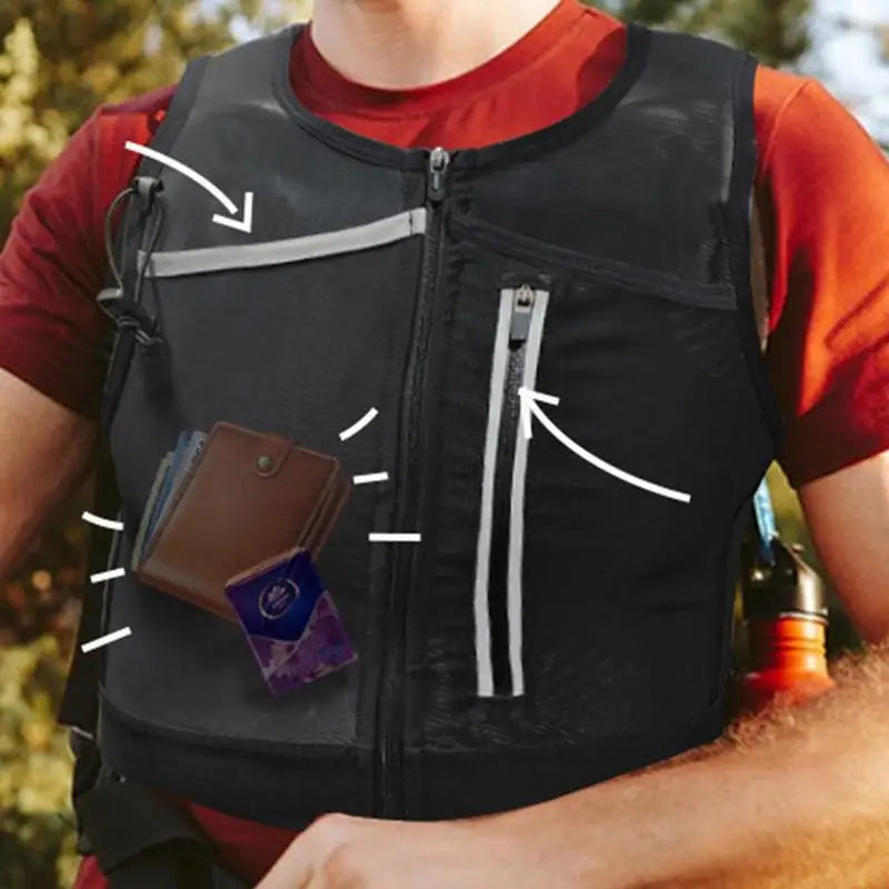 Close up of man wearing black reflective running chest vest
