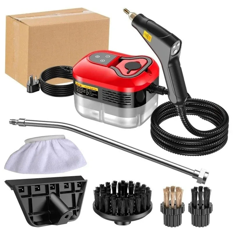 Red handheld steam cleaner machine with accessories and cardboard packaging