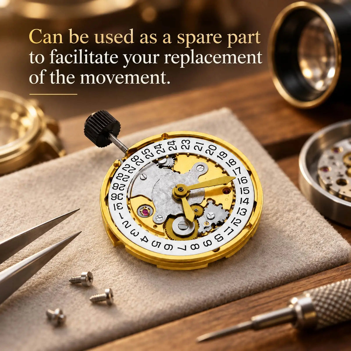 A mechanical watch movement on a workstation table with spare part descriptive text