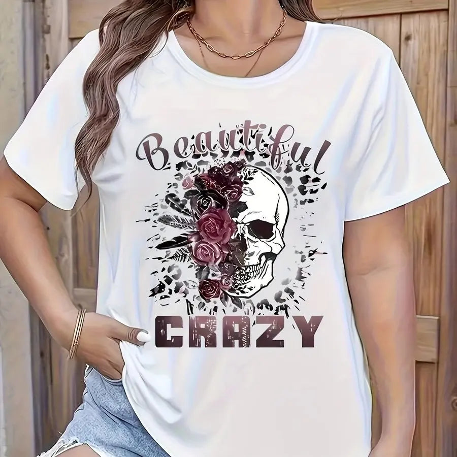 Skull & Letter Print Crew Neck T-Shirt for Women – White