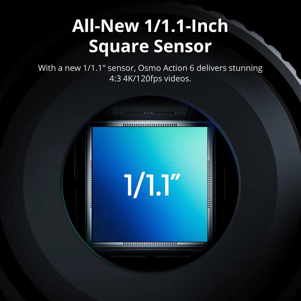 Close-up view of a large action camera square sensor