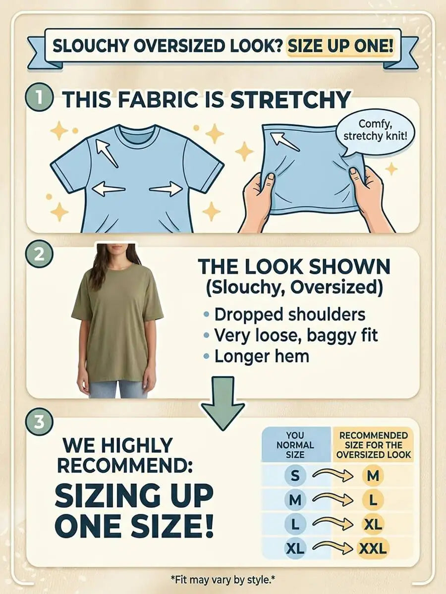 A sizing guide graphic showing instructions for an oversized t-shirt look with a size conversion chart.