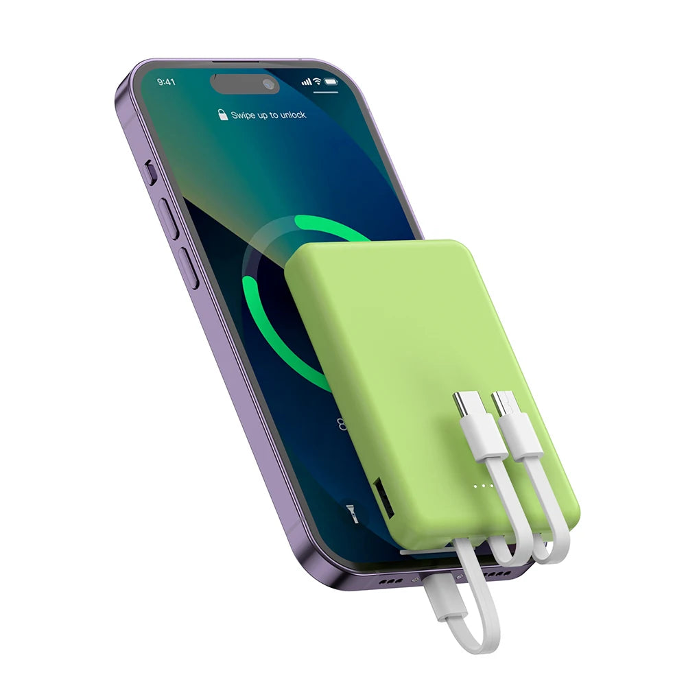 Mini 5000mAh Portable Power Bank with Built-in Cables and LED Display – Green