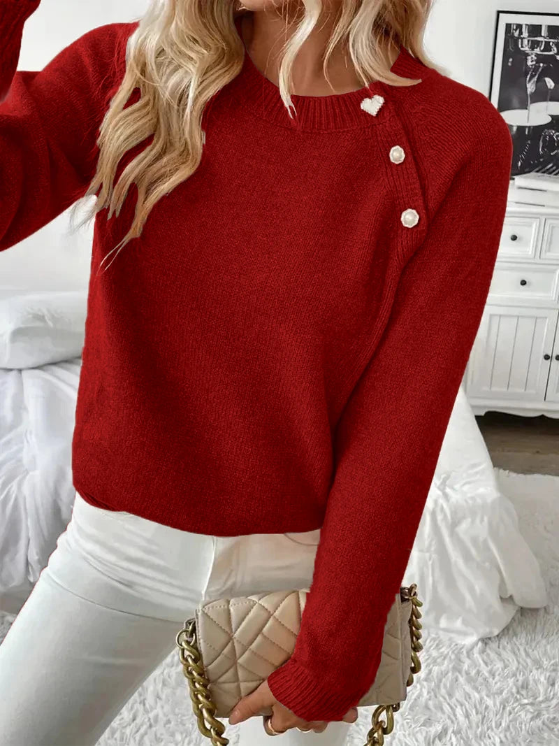 Women's Asymmetrical Gold Button Crew Neck Knit Sweater – Red