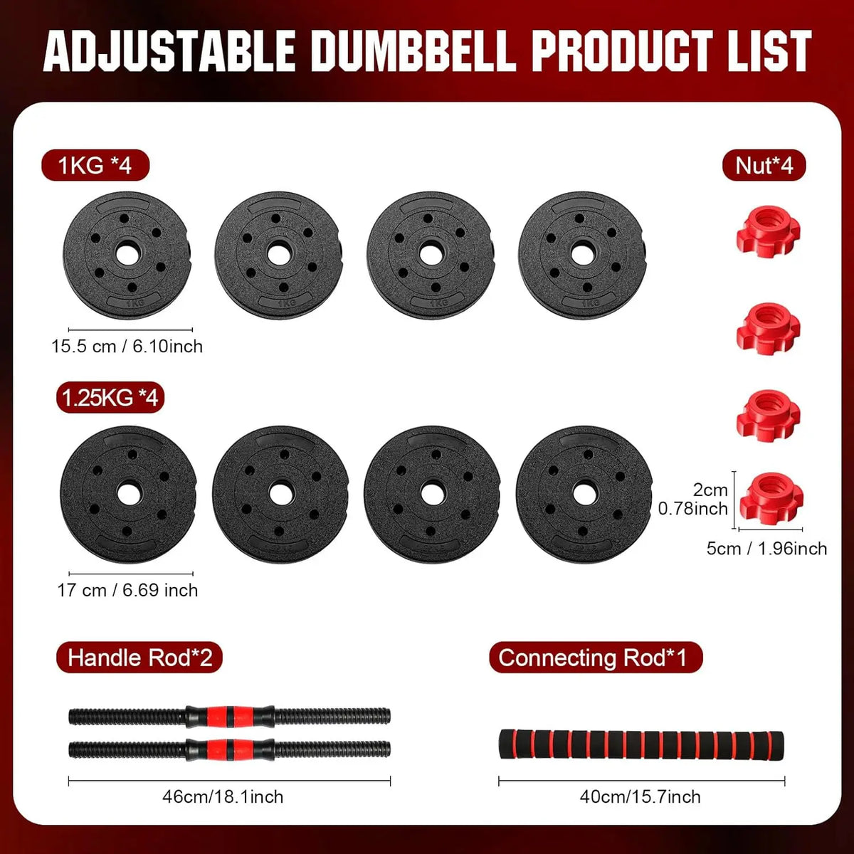 Components list for an adjustable dumbbell and barbell set with labels for weights and rods.