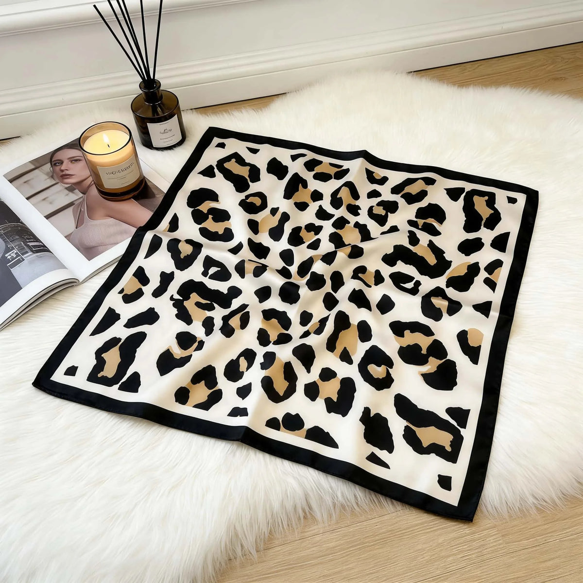 Retro Leopard Print Scarf - 70cm Polyester Square Headwear – White