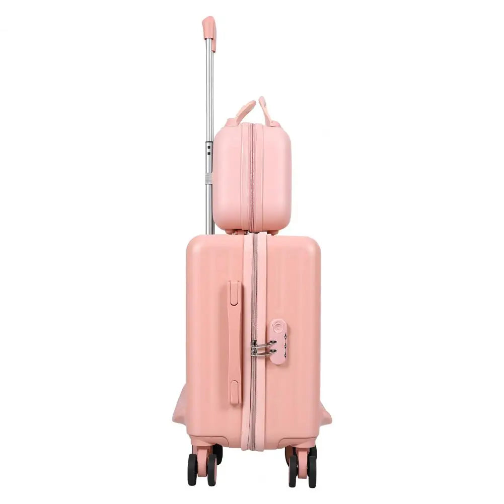 Rear view of a pink ride-on kids luggage set showing the combination lock and side handle.