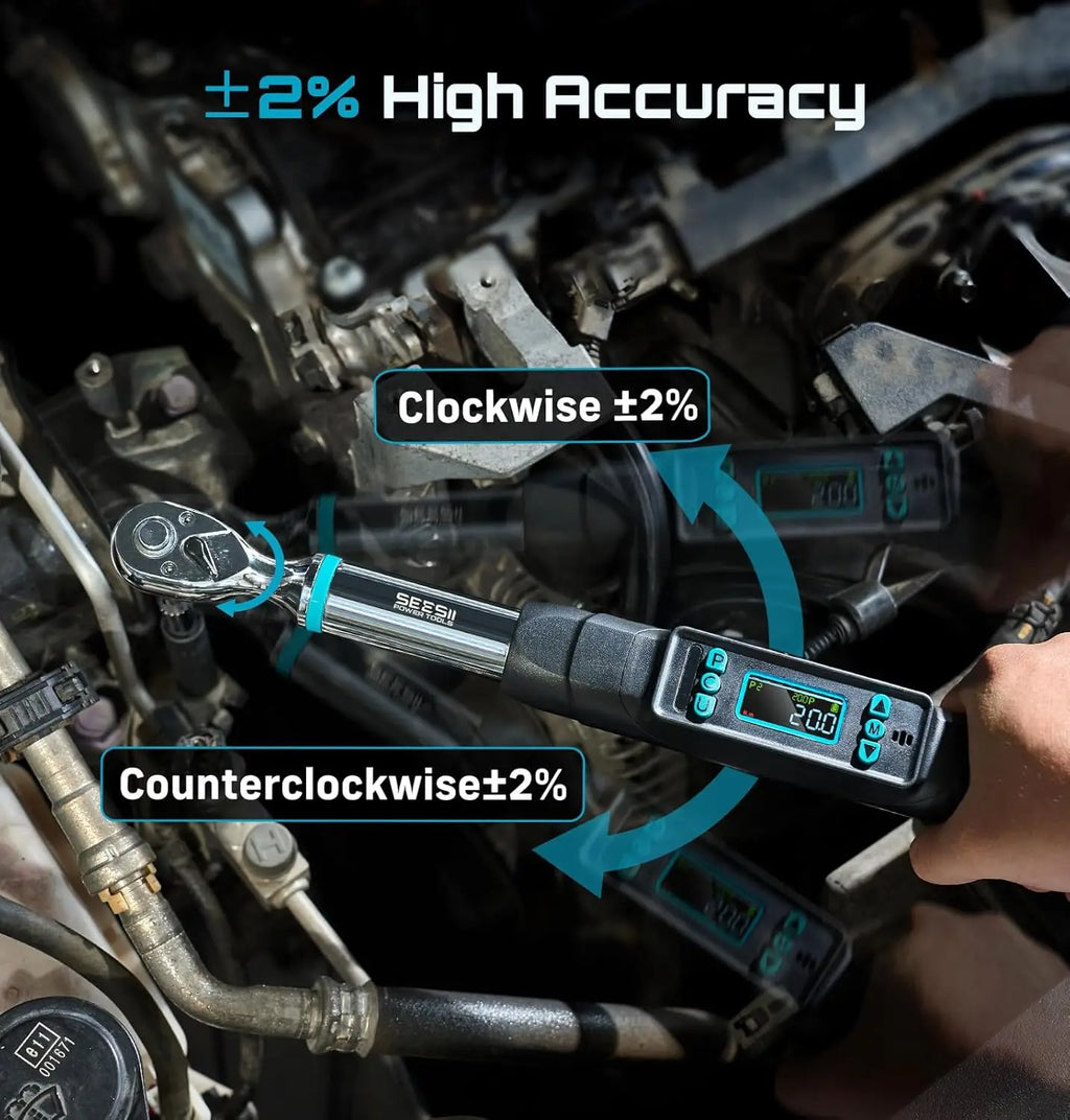 Digital torque wrench demonstrating plus or minus 2 percent accuracy in both clockwise and counterclockwise directions.