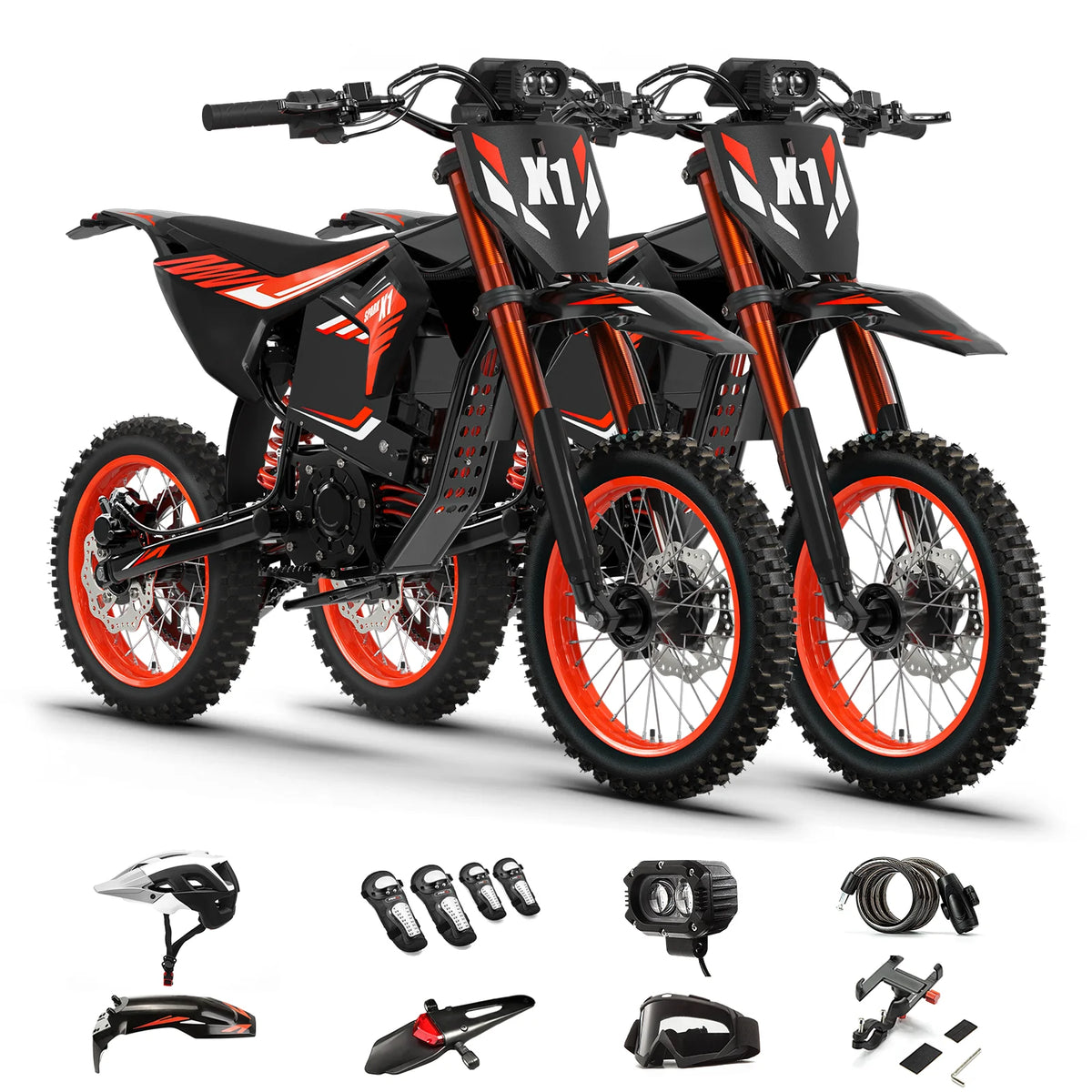 Qronge X1 Spark Electric Dirt Bike, 4500W Motor, 60V 28.8Ah Battery – Orange 2 Pack Set
