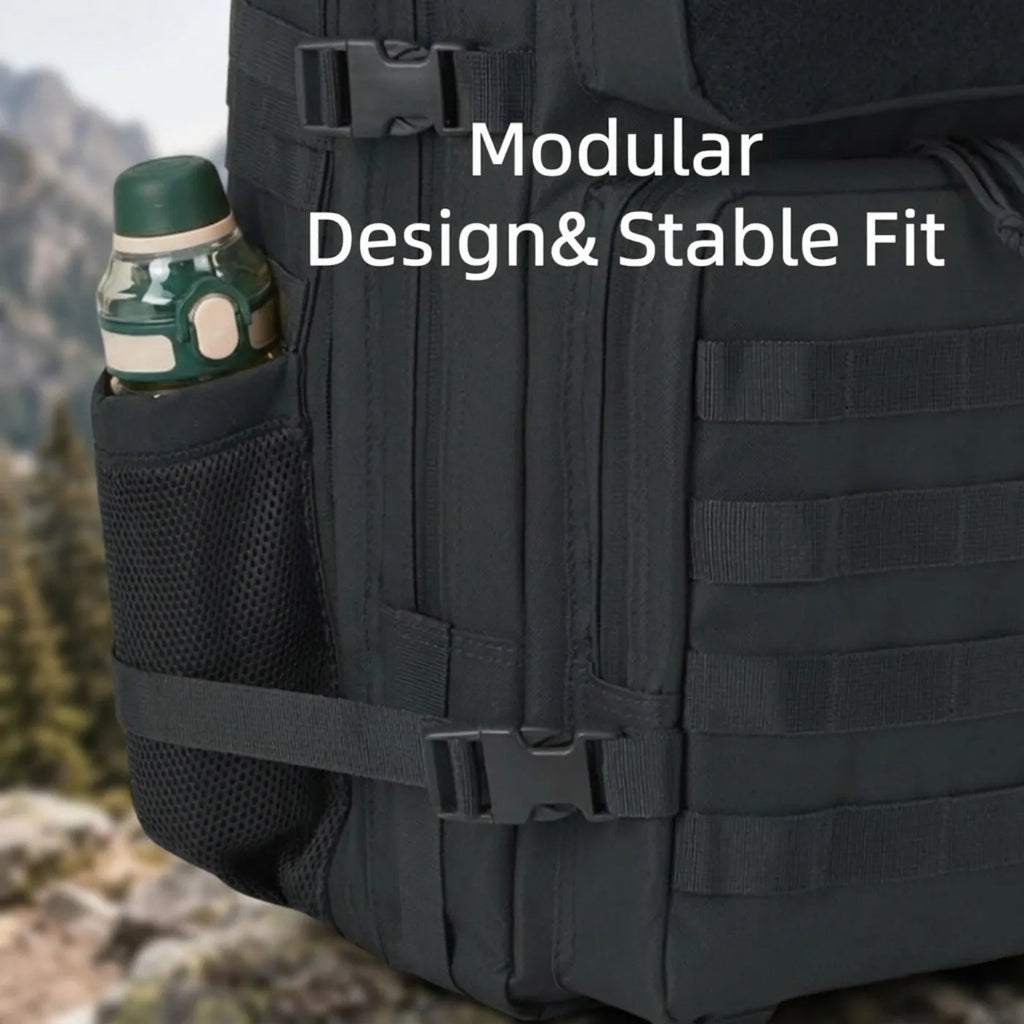 Close up of a black tactical backpack showing the side water bottle pocket and adjustable compression strap.