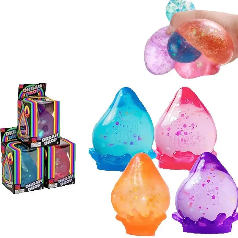 Several colorful glittery water-drop squishy toys and their retail packaging boxes